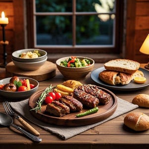 Puede incluir: Una bandeja de servir de madera con una variedad de alimentos, que incluyen carne a la parrilla, patatas y pan. La bandeja está colocada sobre una mesa de madera con otros platos y cubiertos.