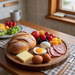 Puede incluir: Una bandeja de madera con un desayuno. Incluye pan, queso, huevos, tocino y fruta fresca como manzanas, uvas y kiwi. También se ven un tenedor y una taza.