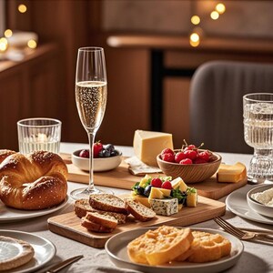 Puede incluir: Una mesa puesta con una copa de champán, un plato de pan, un bol de fruta y un plato de queso y galletas.