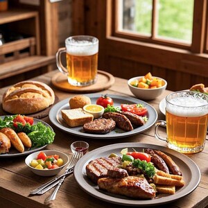 Puede incluir: Una mesa puesta con una variedad de alimentos, que incluyen pan, carnes a la parrilla y verduras. Hay dos vasos de cerveza en la mesa, así como un tazón de ensalada y un plato de fruta. La mesa es de madera y tiene un aspecto rústico.