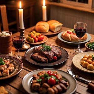 May include: A rustic wooden table set for a dinner party with a variety of dishes, including roasted meat, vegetables, bread, and potatoes. There are two lit candles and a glass of red wine on the table.