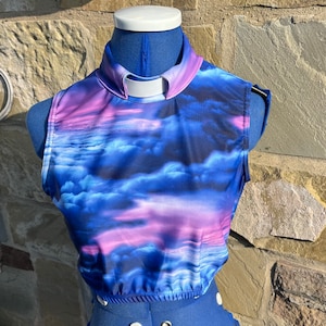 May include: A sleeveless top with a vibrant sky-themed print in shades of blue, purple, and pink. The top features a high collar with a white insert and is displayed on a blue mannequin. The bottom of the top has a blue trim.