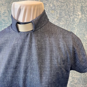 Denim blue stretch vicar ,clergy,dickie vestment top .made to order in soft denim spandex .many sizes available