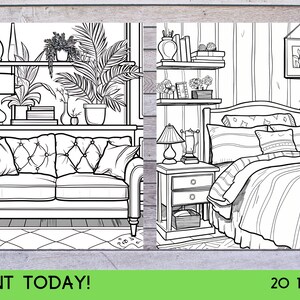 May include: A black and white coloring page featuring two rooms. The first room has a couch, a lamp, and a shelf with plants and vases. The second room has a bed with pillows and a nightstand with a lamp. The text "PRINT TODAY!" is at the bottom of the page.
