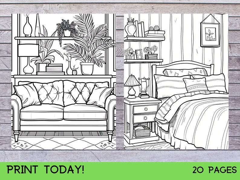 May include: A black and white coloring page featuring two rooms. The first room has a couch, a lamp, and a shelf with plants and vases. The second room has a bed with pillows and a nightstand with a lamp. The text "PRINT TODAY!" is at the bottom of the page.