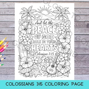 Colossians 3:15 Christian Coloring Page, Peace of God Bible Verse Printable, Hawaiian Floral Beach Theme
