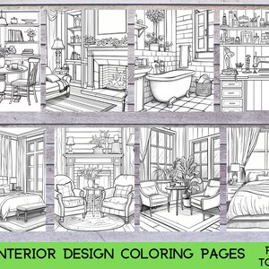May include: A set of 20 black and white interior design coloring pages. The pages feature different rooms, including a dining room, living room, bathroom, bedroom, and office. Each page is filled with intricate details, perfect for adults and children who enjoy coloring.