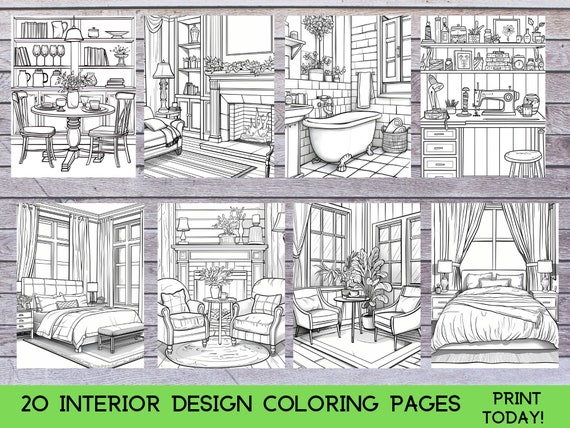 20 Cozy Interior Design Coloring Pages, Relaxing Coloring Book for Adults, Instant Download