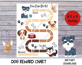 May include: A printable dog reward chart with a game board design. The chart features a path with paw prints, bones, and dog bowls. The text "You Can Do It!" and "You Did It!" are at the top and bottom of the chart. The chart is 8.5 inches by 11 inches.
