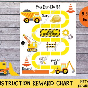 May include: A printable construction reward chart with a yellow background and a yellow construction vehicle theme. The chart features a game board with spaces for stickers or stamps, a reward section, and the text "You Can Do It!" and "You Did It!"