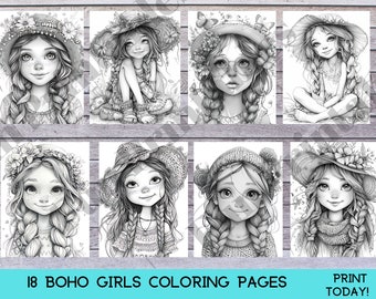 18 Boho Girls Coloring Pages, Grayscale Coloring, Fantasy Coloring Sheets, Adult Coloring Book