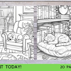 May include: A black and white coloring page featuring a dog sleeping in a chair and a cat sleeping on a pillow. The dog is in a living room with a bookshelf and a plant. The cat is in a room with a bookshelf and a plant.