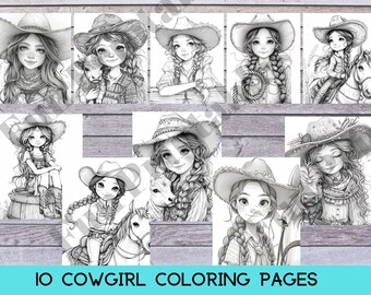 10 Cowgirl Coloring Pages, Grayscale Coloring, Fantasy Coloring Sheets, Adult Coloring Book