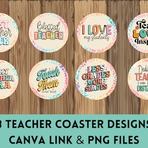 Teacher Coaster Bundle, Car Coaster PNG, Back to School, Car Coaster Sublimation Designs, Pastel, Retro