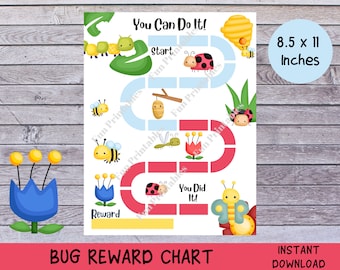 May include: A printable bug-themed reward chart for children. The chart features a colourful path with a ladybug, bee, caterpillar, and butterfly. The chart is 8.5 inches by 11 inches and includes the text "You Can Do It!" and "You Did It!"