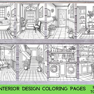 May include: A set of 20 black and white interior design coloring pages. The pages feature different rooms, including a bathroom, kitchen, laundry room, and living room.  The pages are perfect for adults and children who enjoy coloring.