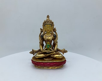 gold plated Amitayus statue. aparamita statue. handcrafted copper statue. buddha of long life. chepame. portable statue . dharmakaya.