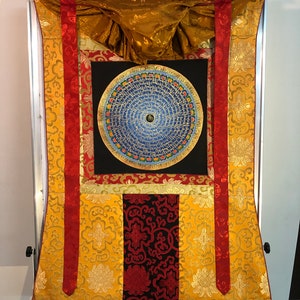 82x64 cm Mantra mandala thangka with traditional tibetan brocade. om mandala. tibetan mandala thangka. for good luck. tibetan calligraphy.
