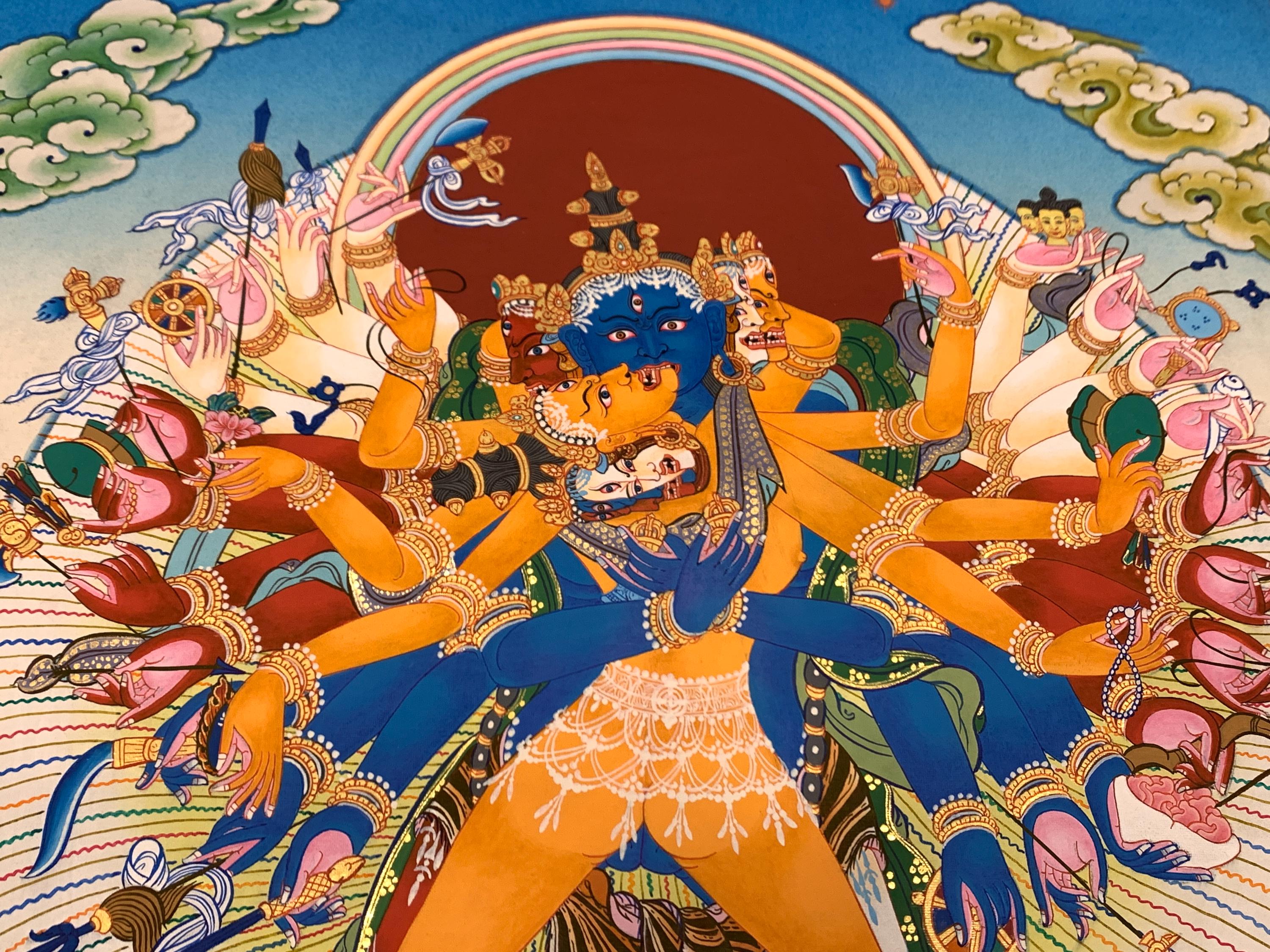 78x59 Cm Colorful Kalachakra Deity Thangka With Brocade. Painted