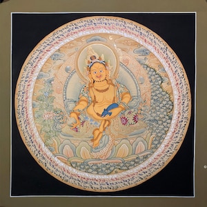 35x35 cm Dzambhala mandala. yellow jambhala thangka. tibetan thangka painting. Yellow theme. yellow jambala. god of wealth. for prosperity.