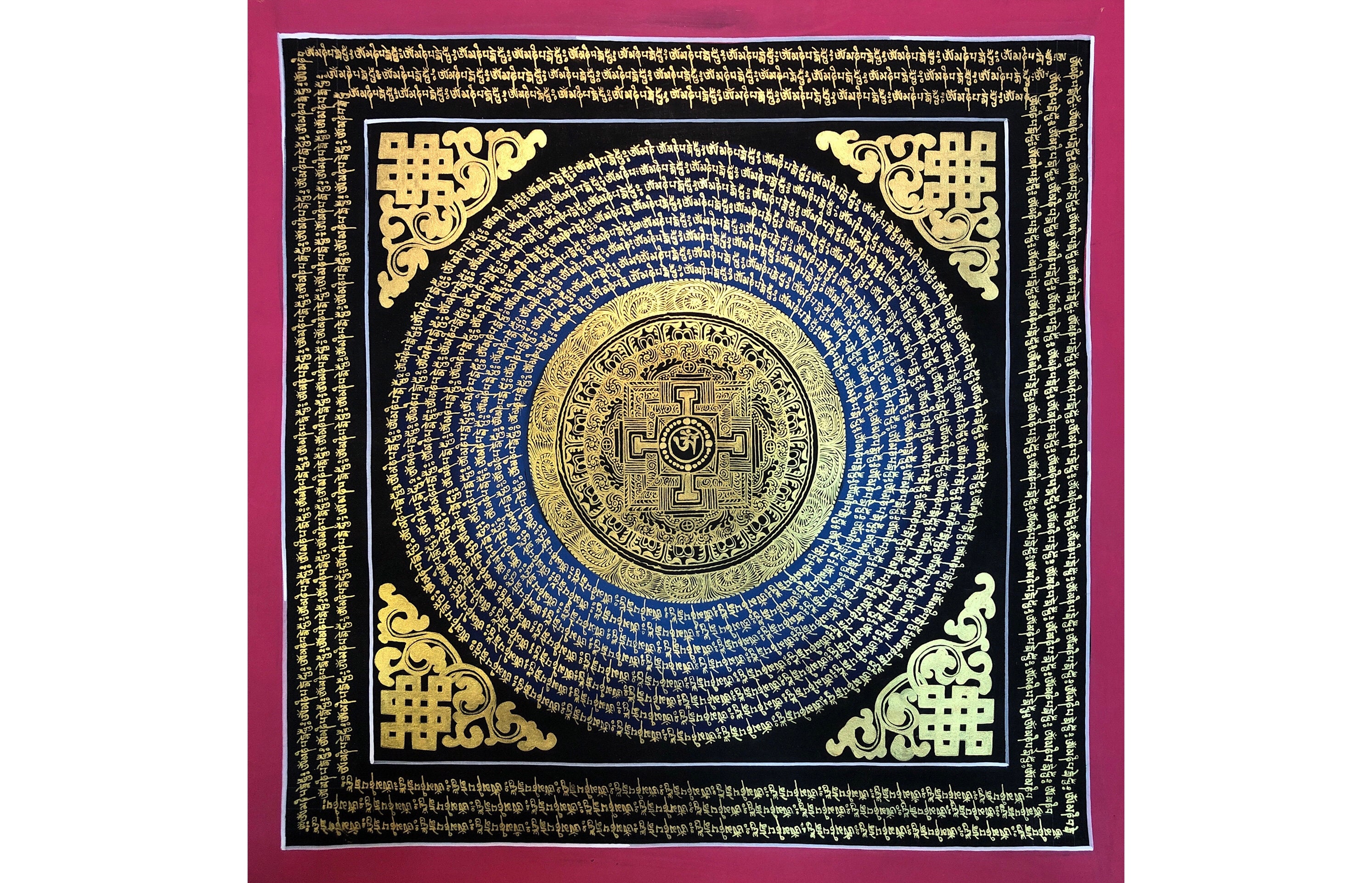 54x54 Cm Black and Gold Mantra Mandala. Tibetan Mandala Thangka