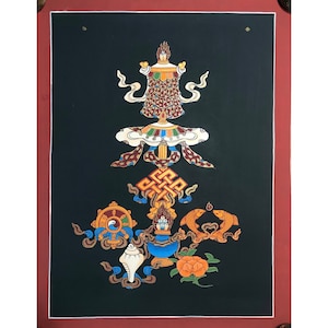 Eight auspicious symbols with grey background. Tibetan style auspicious symbols. tibetan buddhist wall decor. Tashi Taggye. for good luck.