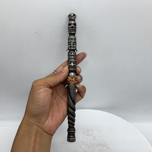 23 cm hand made Pure iron Khattang, Khatvanga with skull, peaceful and wrathful heads. tantric ritual instrument. tantra magical wand.