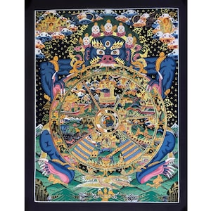 38x30 cm Wheel of life thangka. wheel of existence, samsara and nirvana. bhavachakra. cycle of rebirth and suffering. for luck. blue yamaraj