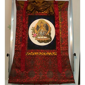 80x62 cm hand painted Maitreya Buddha Thangka with silk brocade. Future buddha, for practitioner, living room art for good luck, wisdom.