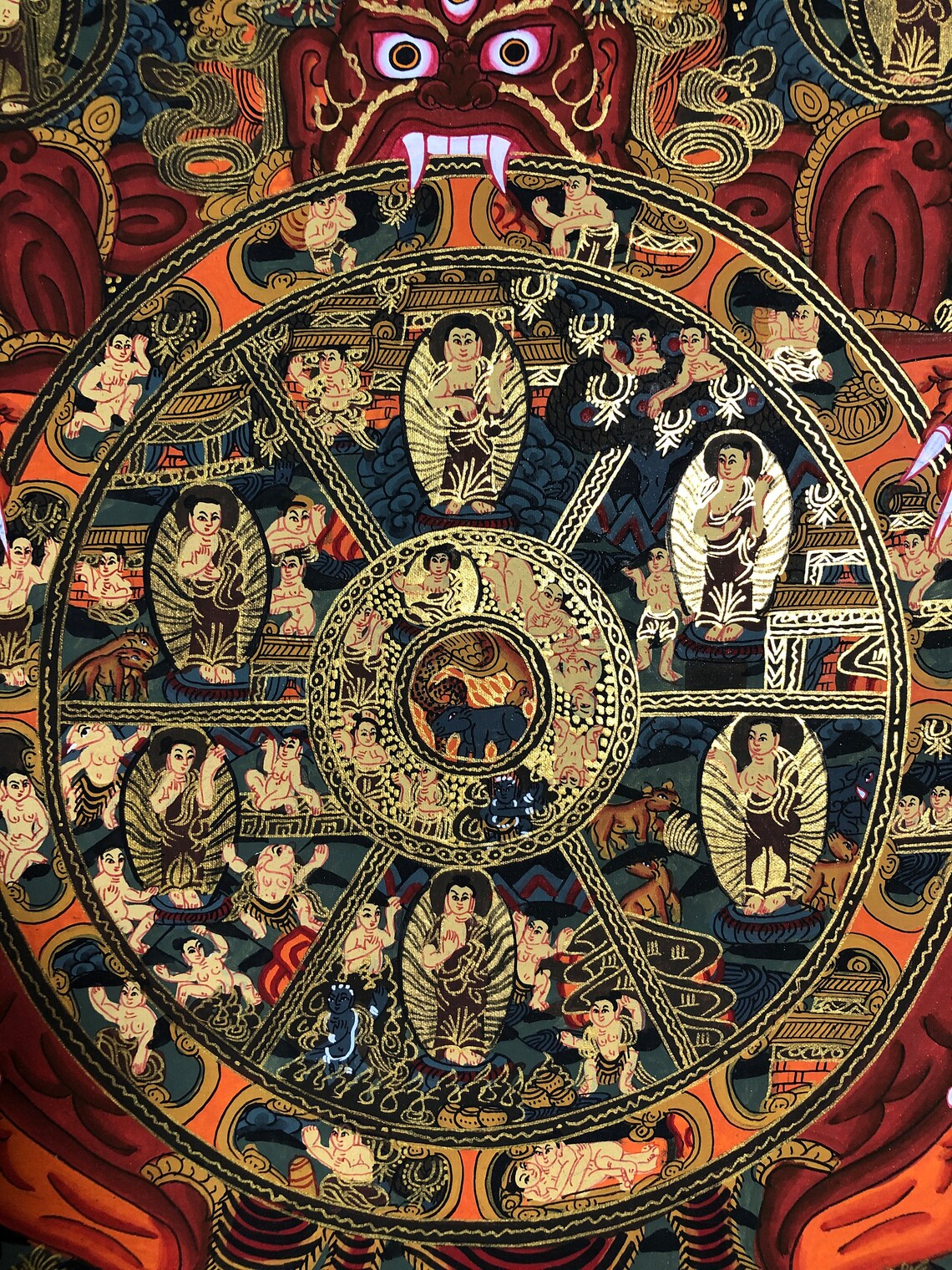 Thangka Tibétain Doré Mahakala - Décoration Murale Spirituelle - Cadre Brocart Fait Main - Plusieurs Tailles Et Couleurs