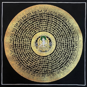 55x55 cm Tara blanc mandala. peinture tara mandala thangka noir et or blanc. Bonne chance. Thangka coloré. peint à la main. pour une longue vie.