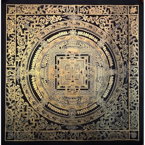 56x56 cm black and gold kalachakra Mandala Thangka. Dalai Lama mandala. Kalachakra mandala with tibetan border design. Wheel of Time.