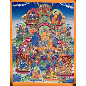 hand painted Guru Chengye thangka. 8 manifestations of guru padmasambhava. guru rinpoche. dorje drollo, nyima oser, singhe dradog & soon