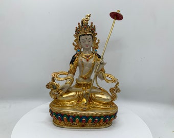 Best quality colorful Dukkar statue. Compassionate mother holding parasol. Full gold plated dukkar statue. Face plated with gold and paint