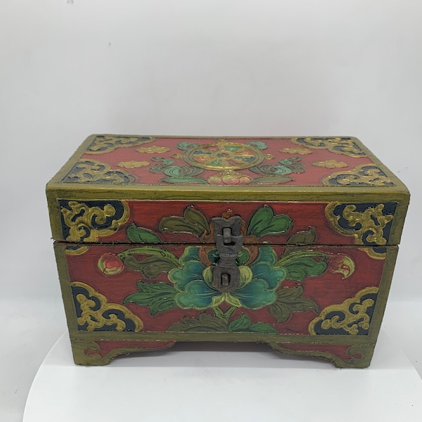 Hand painted traditional tibetan box. hand painted lotus, and dharma chakras. jewelry box, tibetan gifts, antique box. buddhist box, gift.
