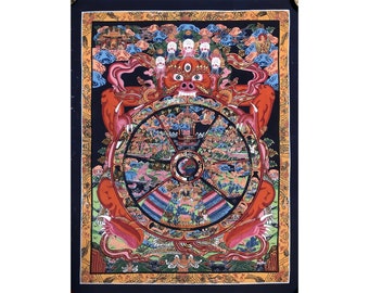 44x35 cm original rueda de la vida pintura. pintura thangka pintada a mano. arte budista. buda shakyamuni. siddhartha gautam. para regalar paz.