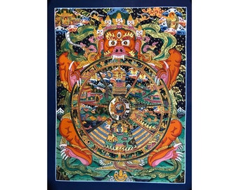 38x29 cm buena calidad rueda de vida thangka. Color brillante, para regalo pintura thangka. decoración de arte tibetano. Bhavachakra, Rueda de la existencia.