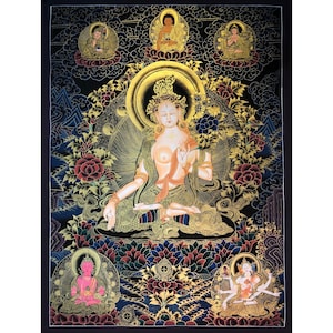 73X56 cm original white Tara Thangka, Hand painted Thangka. Tibetan thangka art. guru rinpoche, shakyamuni, tsongkapa, amitayus, namgyalma.