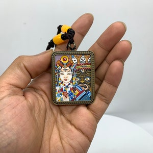 Mini Drashi Lhamo thangka pendant. wealth deity of Tibet. luck charm. for good luck. for prosperity. protection amulet.