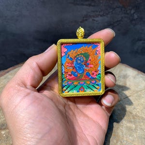 fine quality vajrapani thangka pendant. hand painted vajrapani. wrathful buddha. the vajra holder. Dharma protectors.