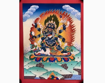 タンカアート 6本の腕を持つ白いマハーカーラタンカ | 仏教の怒りの神絵画 | 富と