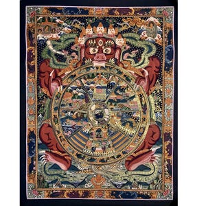 43x53 cm Wheel of life thangka. bhavachakra. cycle of rebirth and suffering. wheel of existence, samsara and nirvana. for luck. yamaraja.