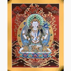 High quality Avalokitesvara (compassion Buddha) thangka. four armed chenrezig. red theme arya avalokitesvara. hand painted thangka art.