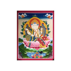 44x34 cm Handgeschilderd origineel Ganesha Thangka. Chokdak, Obstakelverwijderaar en rijkdomgod, vereerd zowel in hindoeïstische als boeddhistische.beschermer
