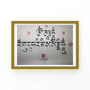 52x37 cm Handgeschreven Tibetaanse kalligrafie Mantra van dakini Machig labdron. de moeder van de chod-praktijk. houder van trommel-en-beentrompet.