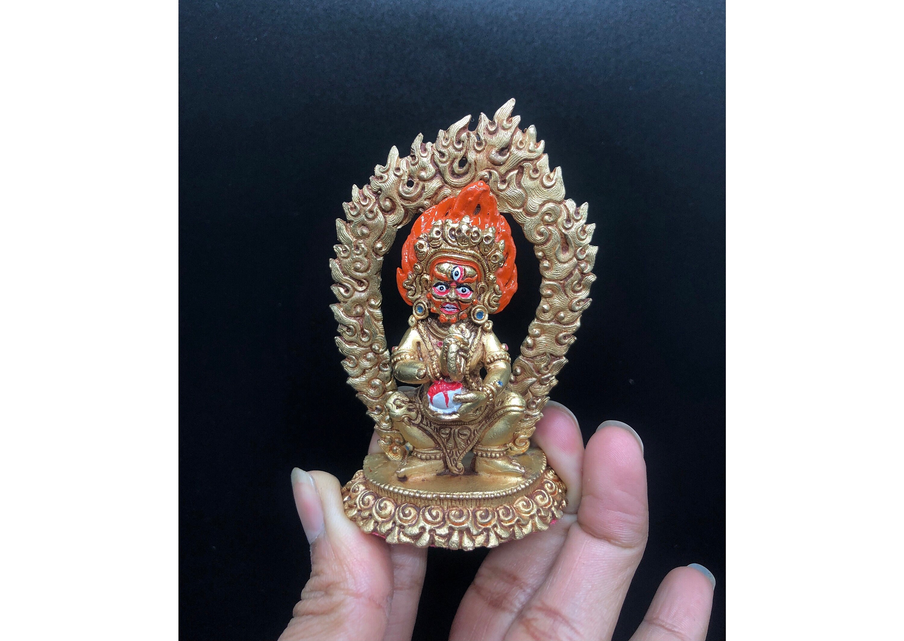 9 cm tall fine quality gold plated two armed Mahakala. Gompo Ghur. dharma pala. wrathful form of avalokitesvara. dharma protector. good luck