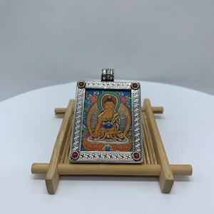 24 k gold painted Shakyamuni buddha pendant. tibetan thangka. protection amulet. Buddha, hand painted buddha with hand made metal frame.