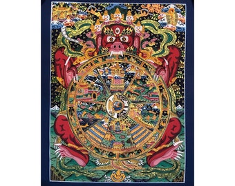 38x30 cm good quality wheel of life thangka, Bhavachakra, Wheel of existence. Bright colored, for gift thangka painting. tibetan art decor.