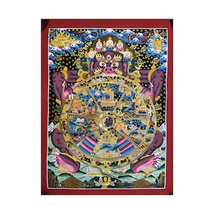 38x30 cm hand painted detail wheel of life thangka painting. Bhavachakra. Transmigratory system, Buddha&#39;s teaching. Mandala Buddhist art