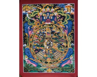 38x30 cm Rueda de la vida thangka. rueda de la existencia, samsara y nirvana. bhavachakra. ciclo de renacimiento y sufrimiento. para la buena suerte. yamaraj